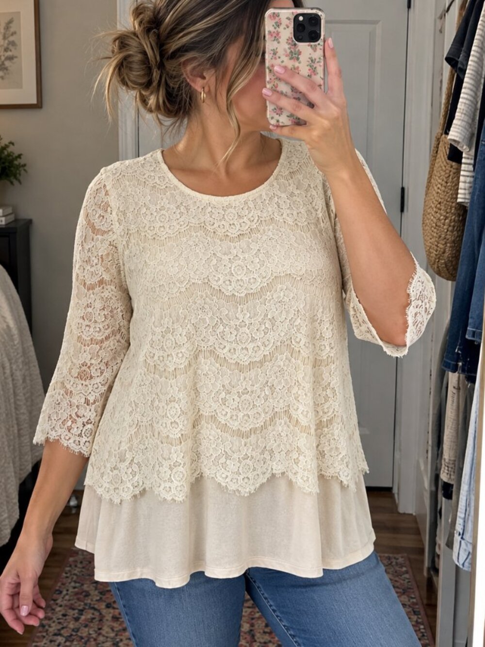 Pleione Lace Tunic Blouse L Ivory Sheer Scalloped Bell Sleeve Boho Romantic